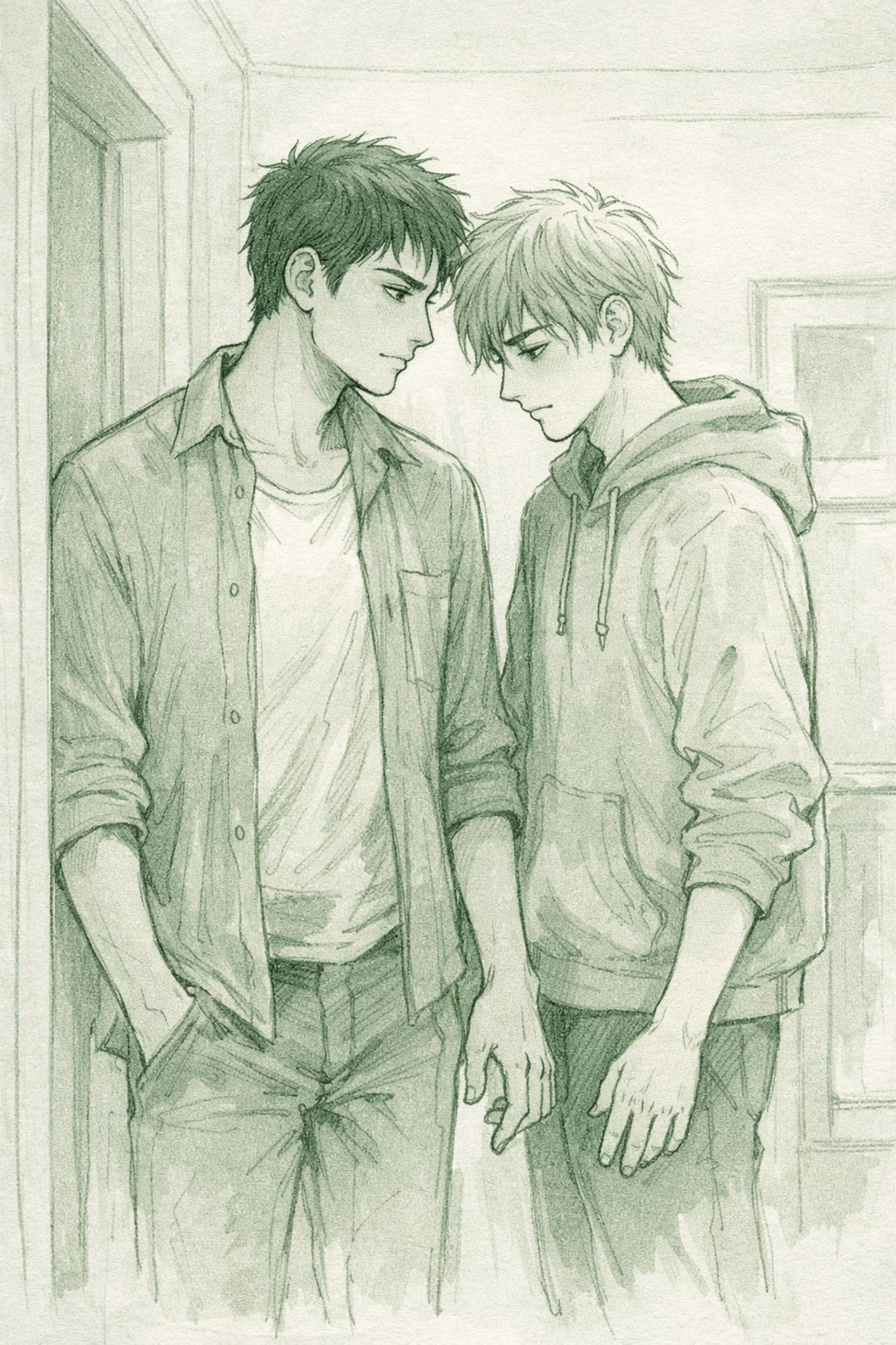 Step-brothers' hands nearly touch in hallway depicting forbidden gay romance