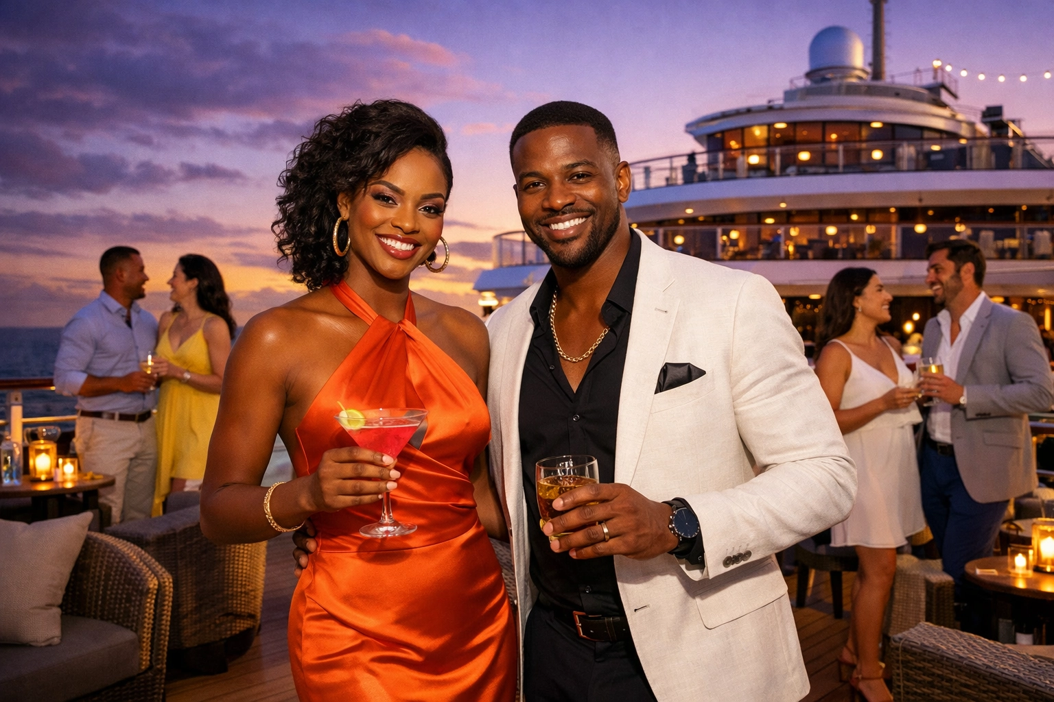 Travelers at a sunset deck party, a scene curated by an expert Lifestyle Cruises travel agent.