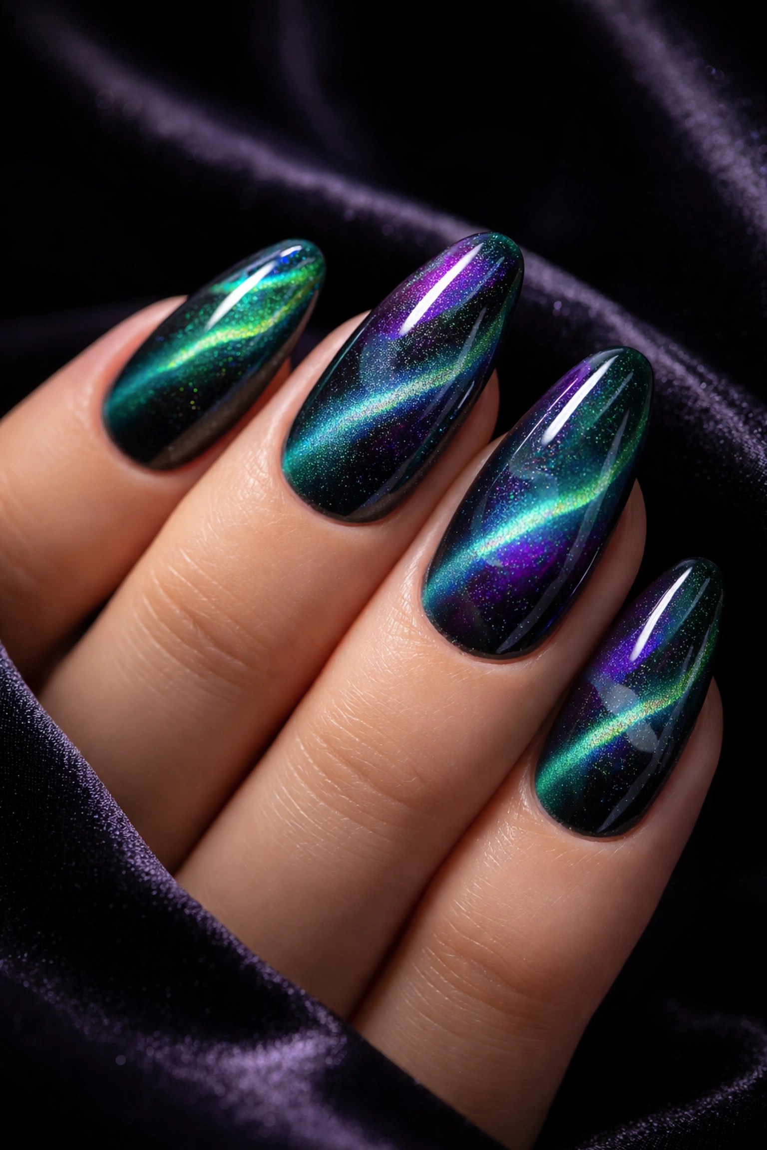 Aurora borealis cat-eye fashion nails featuring emerald, violet, and teal shimmer at Norwood MA salon