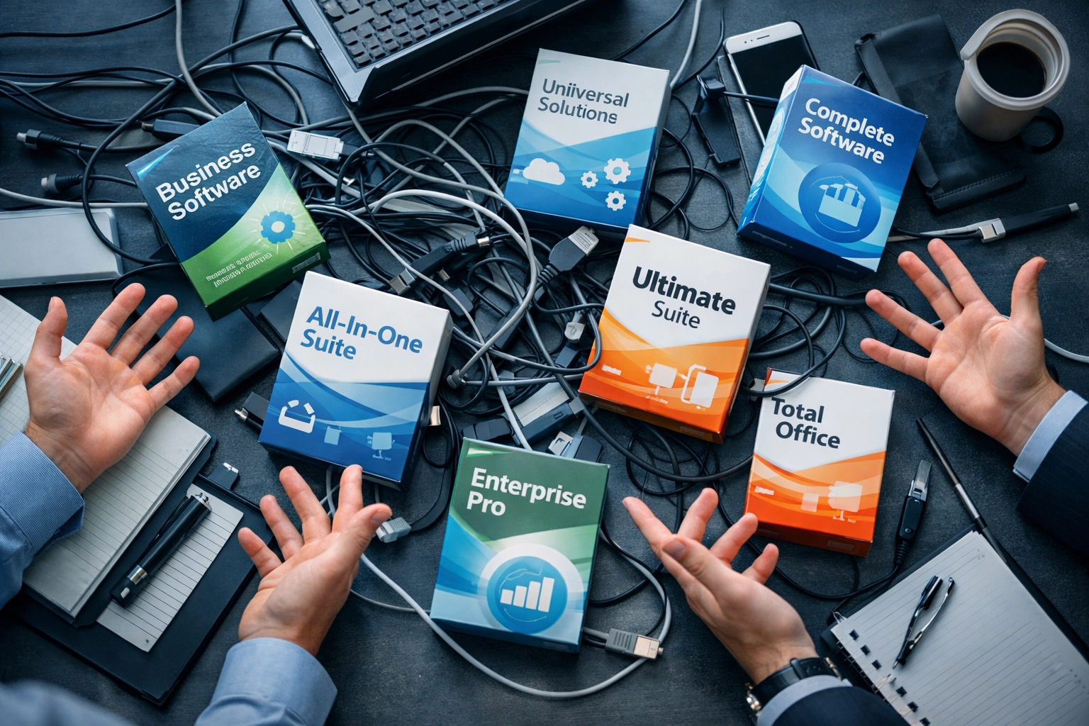 Frustrated business team dealing with cluttered generic software and tangled systems