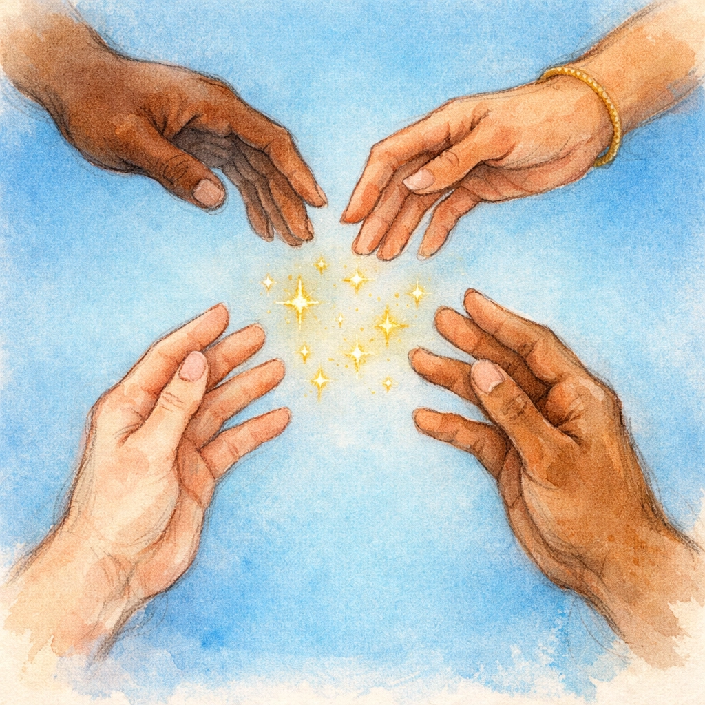 Diverse hands reaching together in welcome representing digital hospitality and church community connection