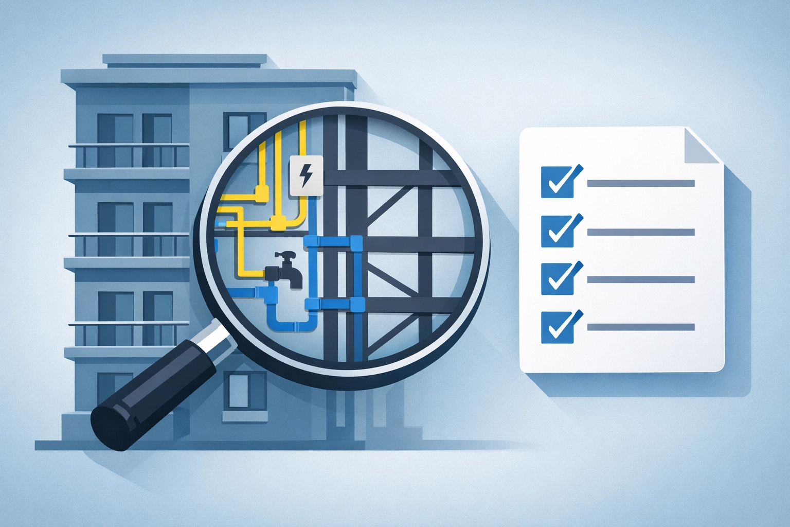 Magnifying glass inspecting multifamily property infrastructure and claims history
