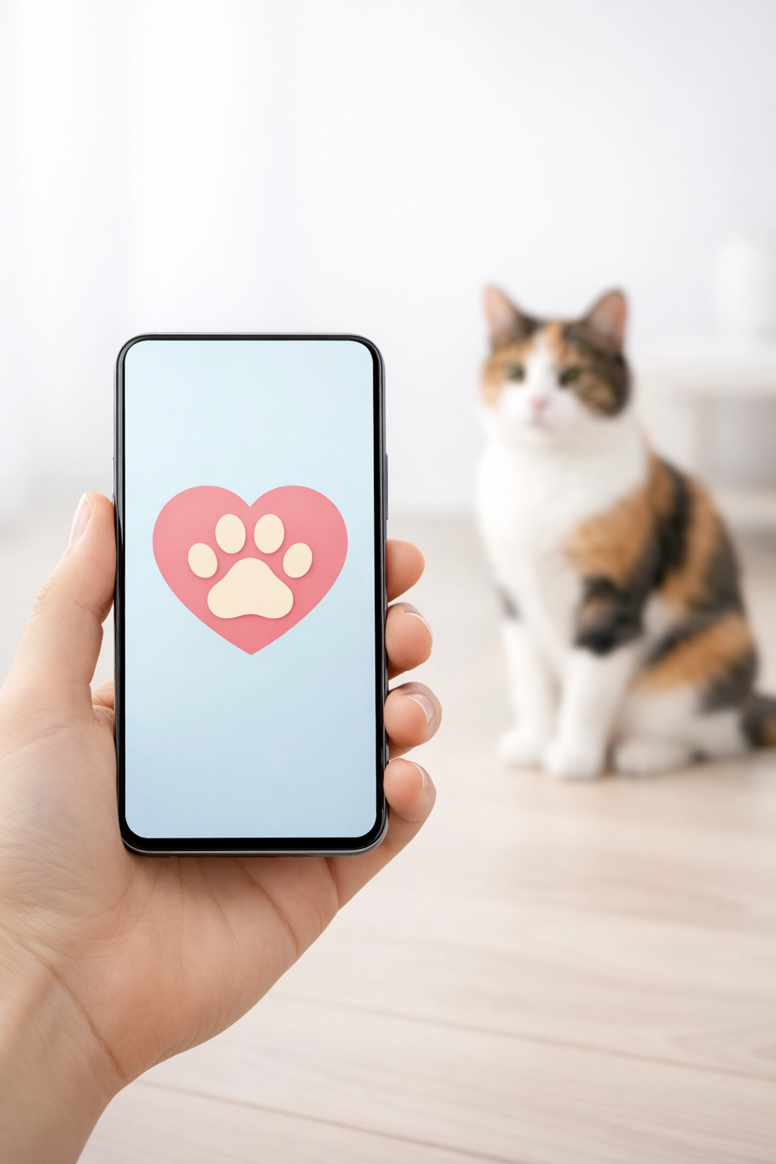 A hand holding a smartphone with a pet icon, symbolizing digital access to employer pet care perks.