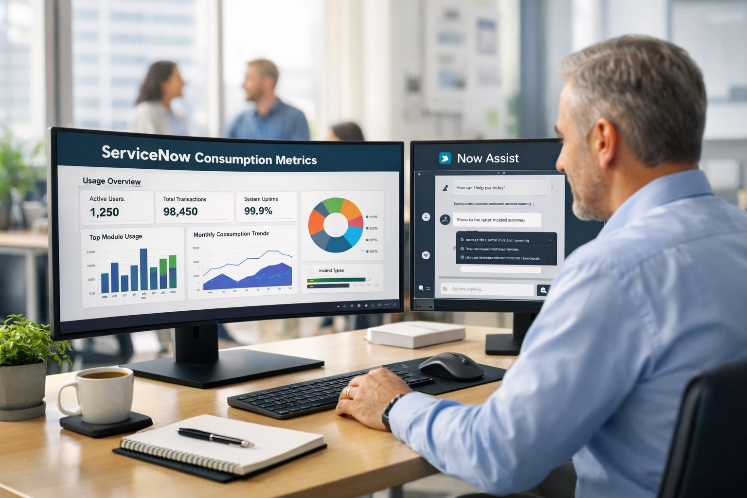 ServiceNow consultant reviewing Now Assist consumption metrics and license cost analytics
