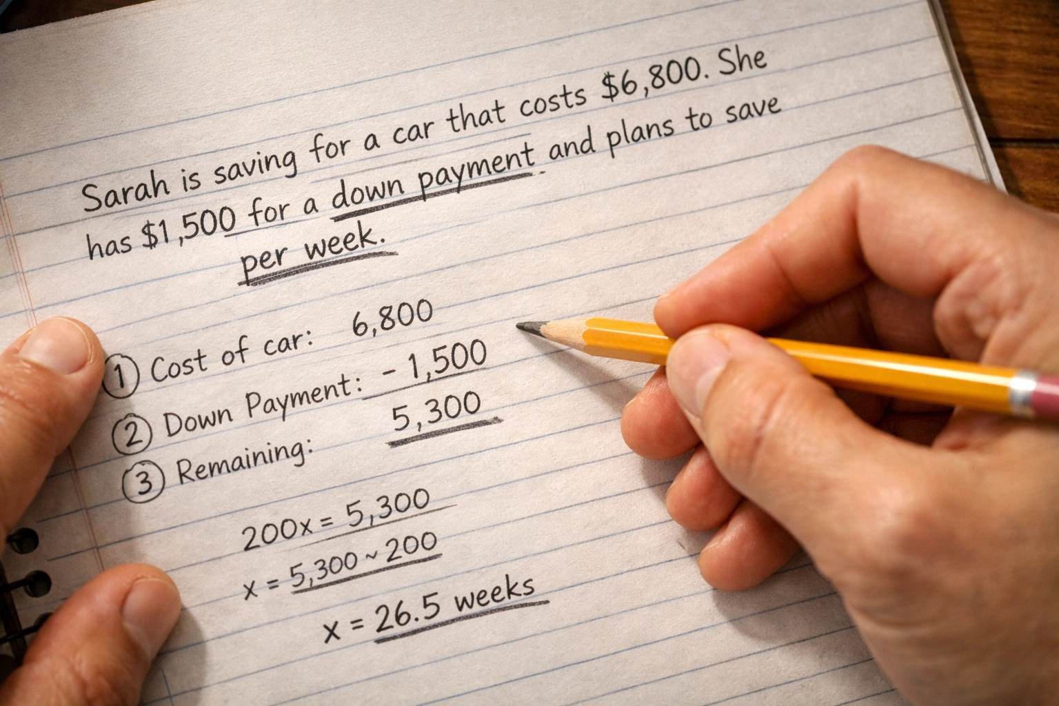 Hands solving SAT word problem on paper, underlining key phrases and building linear equation