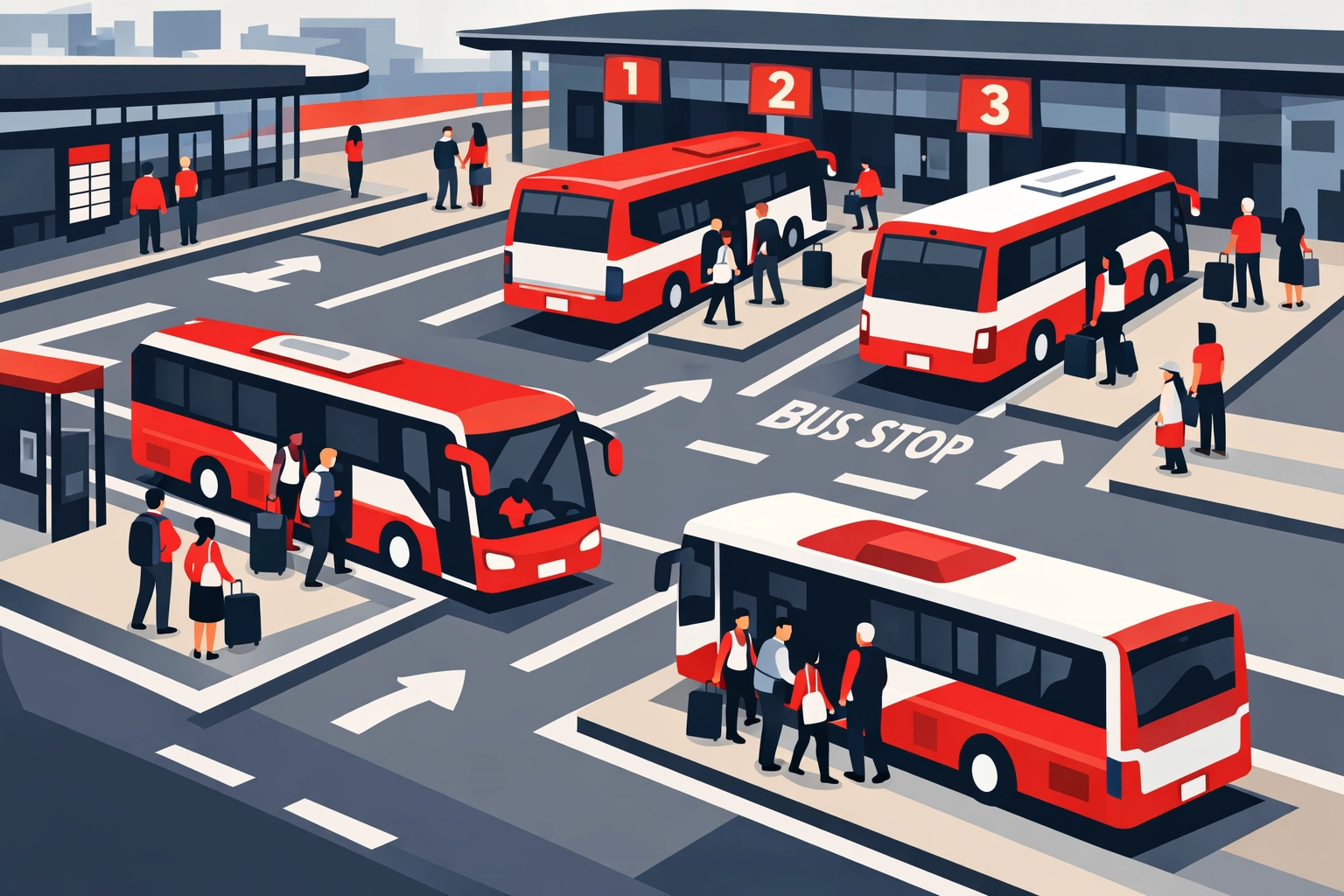 Busy passenger transport terminal showing efficient bus and coach scheduling operations