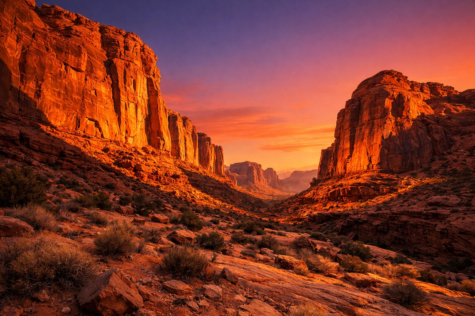 Golden hour light hitting red sandstone desert canyon formations in landscape photography.