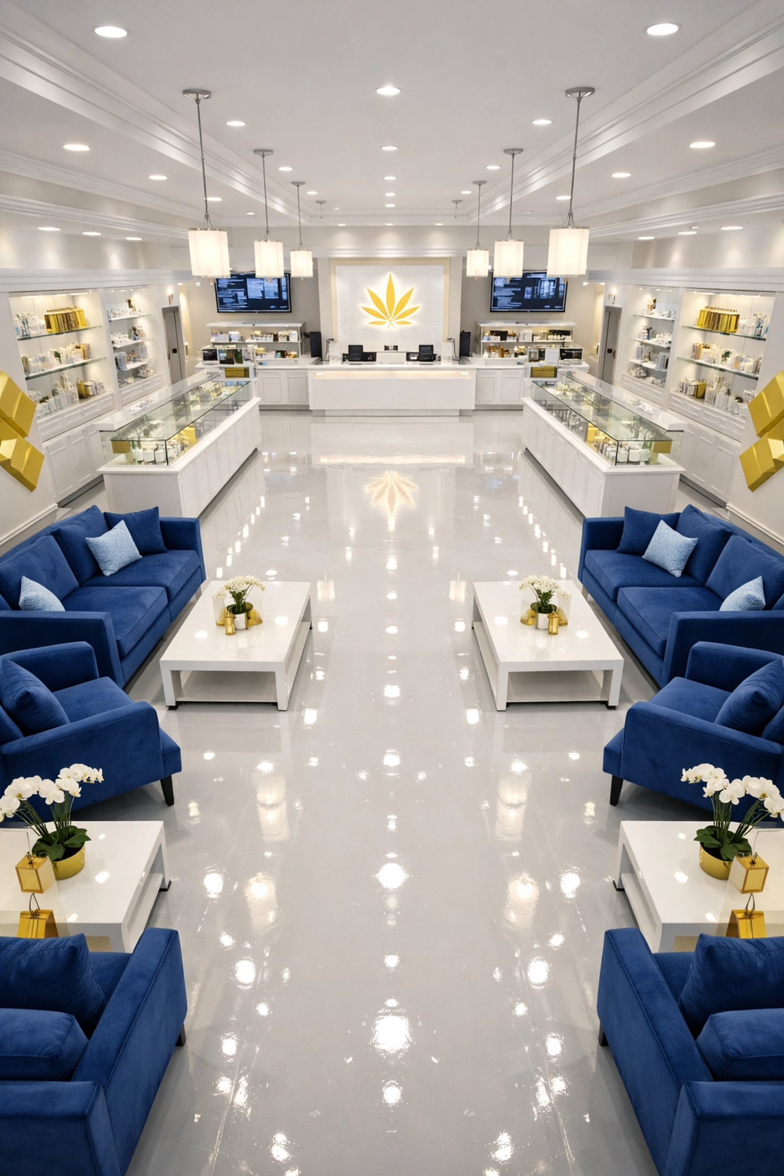 Spotless retail floor and waiting area in a luxury Northampton dispensary showing professional maintenance.