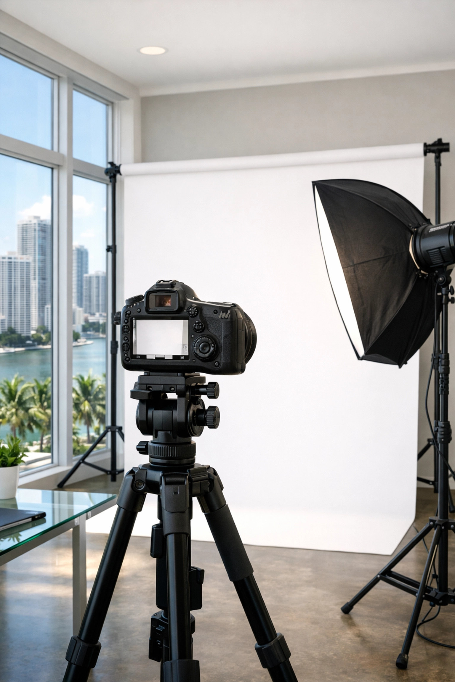 A professional executive headshot photographer miami setup with studio lighting in a modern office.