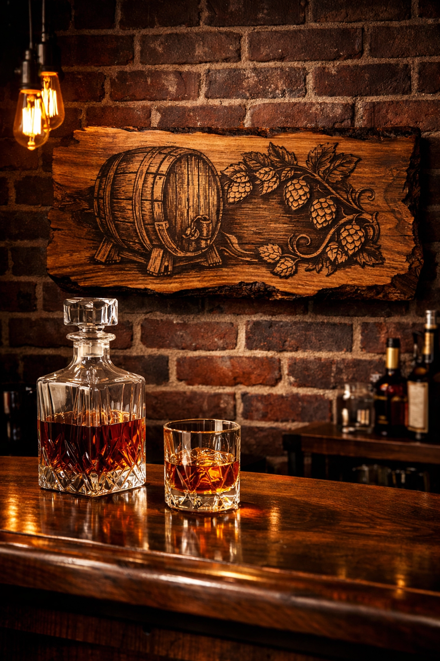 Personalized live-edge wood sign featuring a whiskey barrel laser engraving on a brick wall in a home bar.