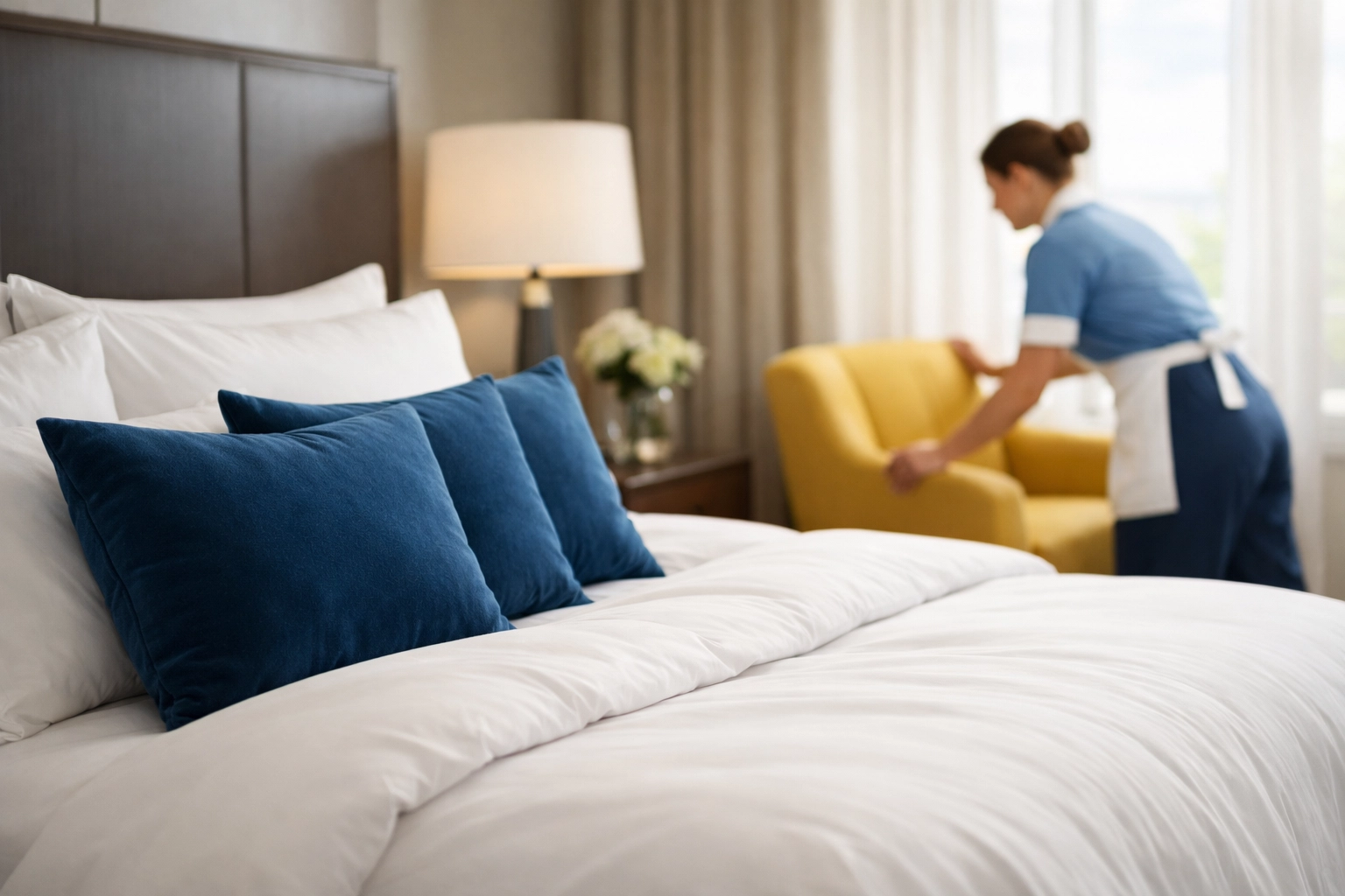 Professional house cleaner tidying a modern bedroom as part of a residential cleaning service.