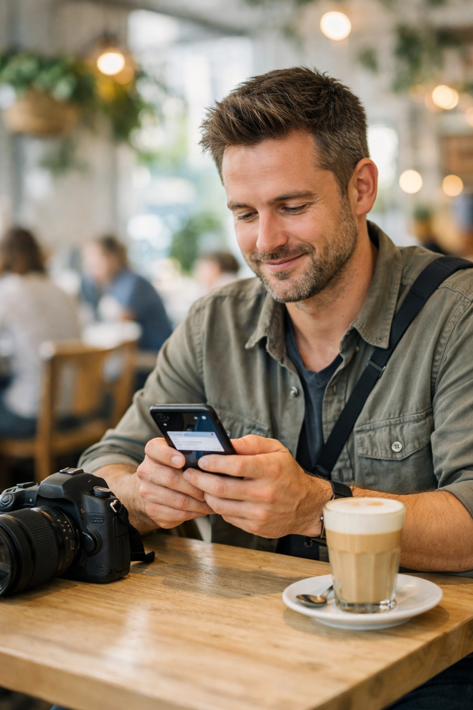 Photographer managing photography business tasks and client leads on a smartphone from a relaxed cafe setting.