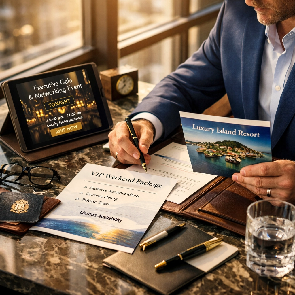 Executive reviewing Super Bowl corporate hospitality packages and premium client acquisition documents