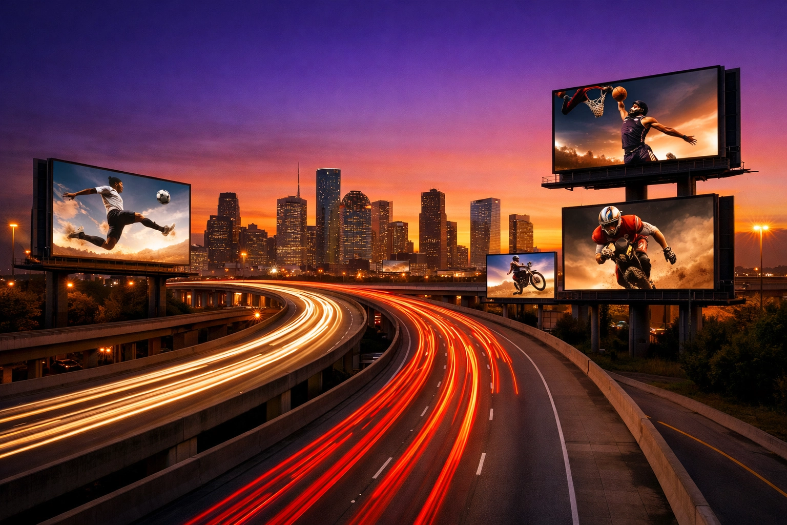 Coordinated digital billboards along a highway showing a synchronized sports DOOH brand campaign.