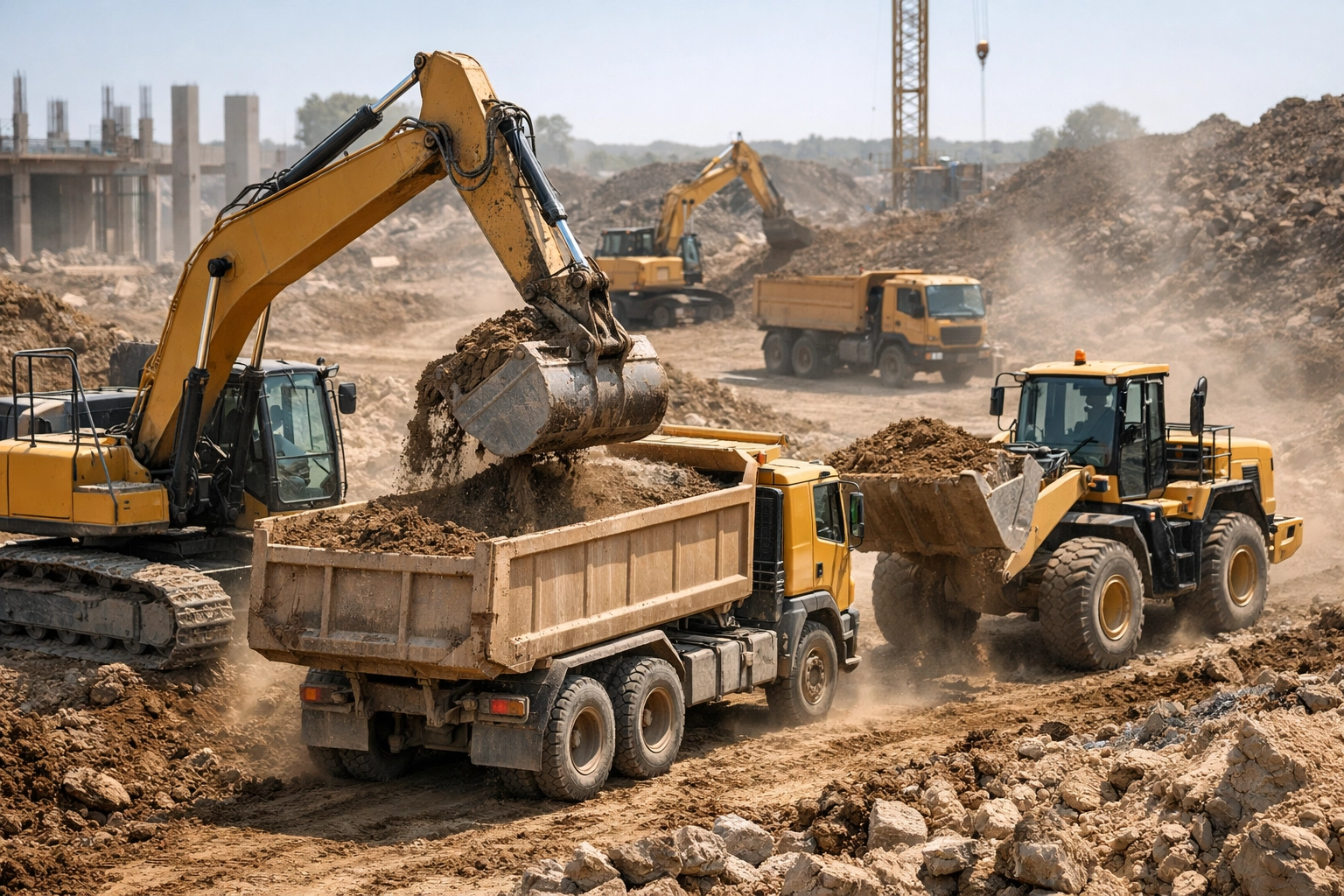 Modern heavy equipment fleet working on a busy construction site.