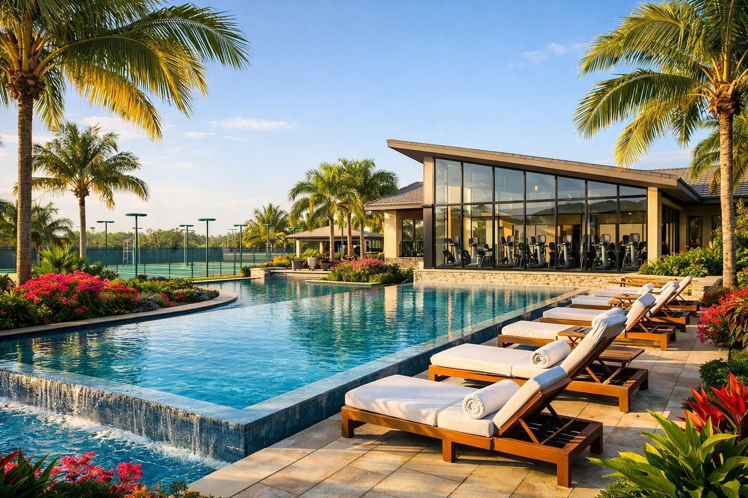 Resort-style amenities in Cape Coral gated community including pool and fitness center