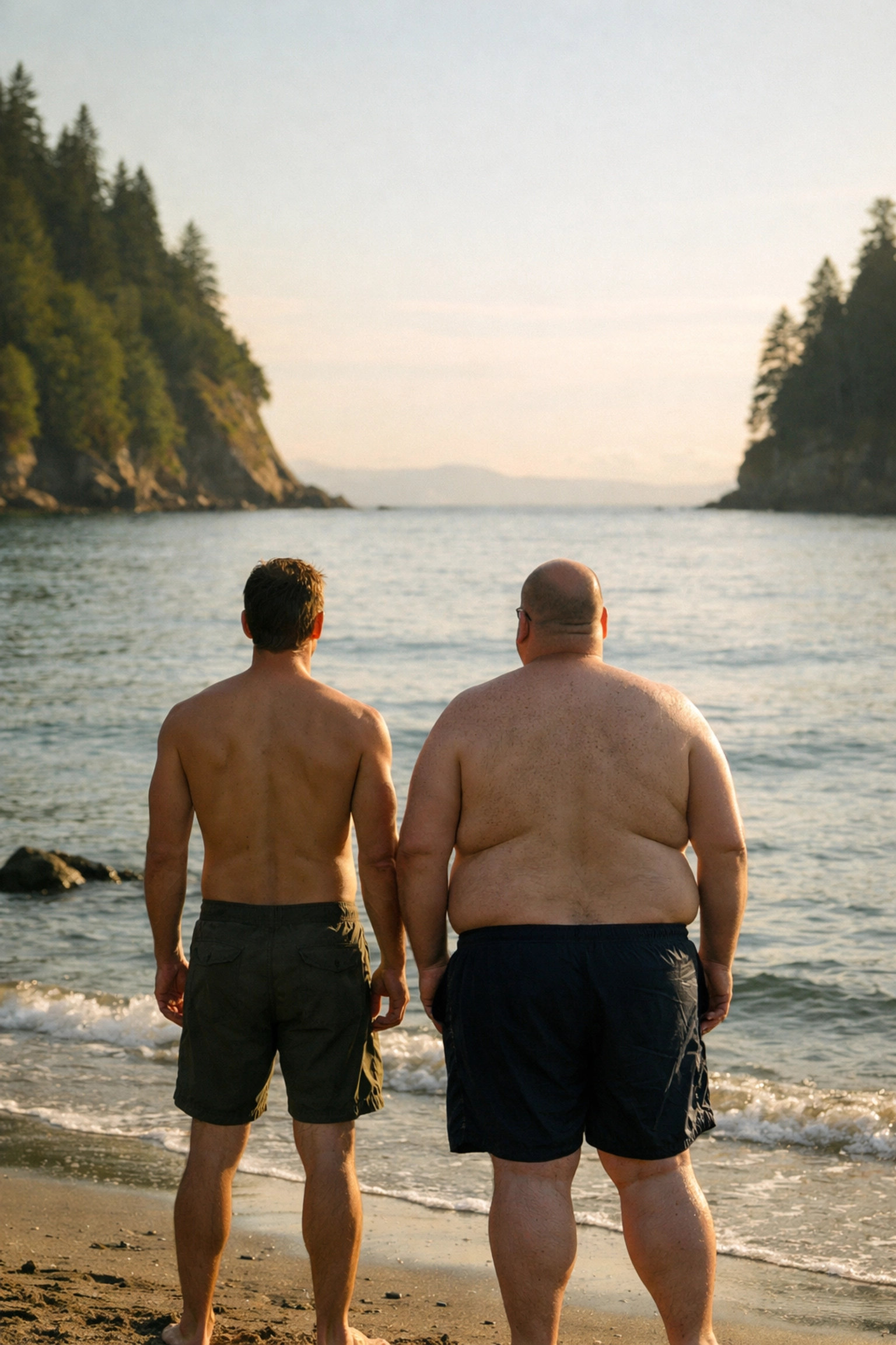Two men enjoying body freedom at Wreck Beach Vancouver, diverse bodies facing the Pacific Ocean