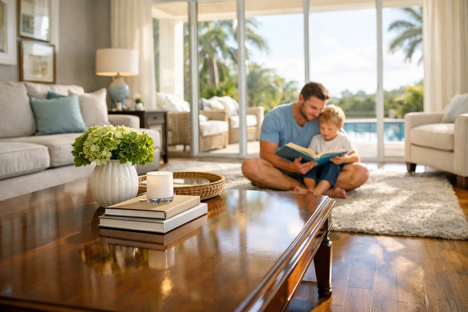 A family enjoying a spotless living room after professional residential cleaning in Orlando.