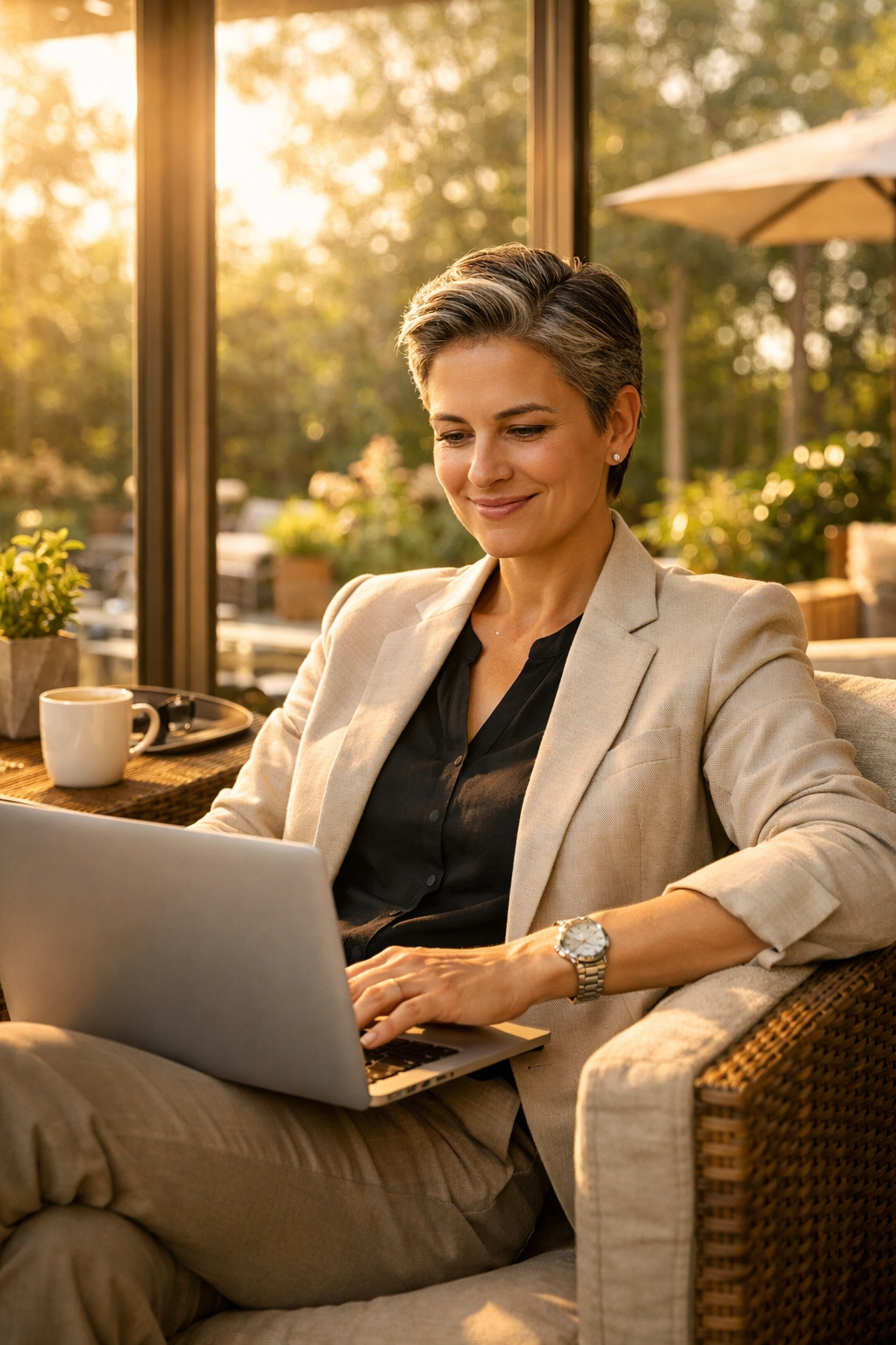 A successful entrepreneur using legit online business training to manage a profitable AI-driven business.