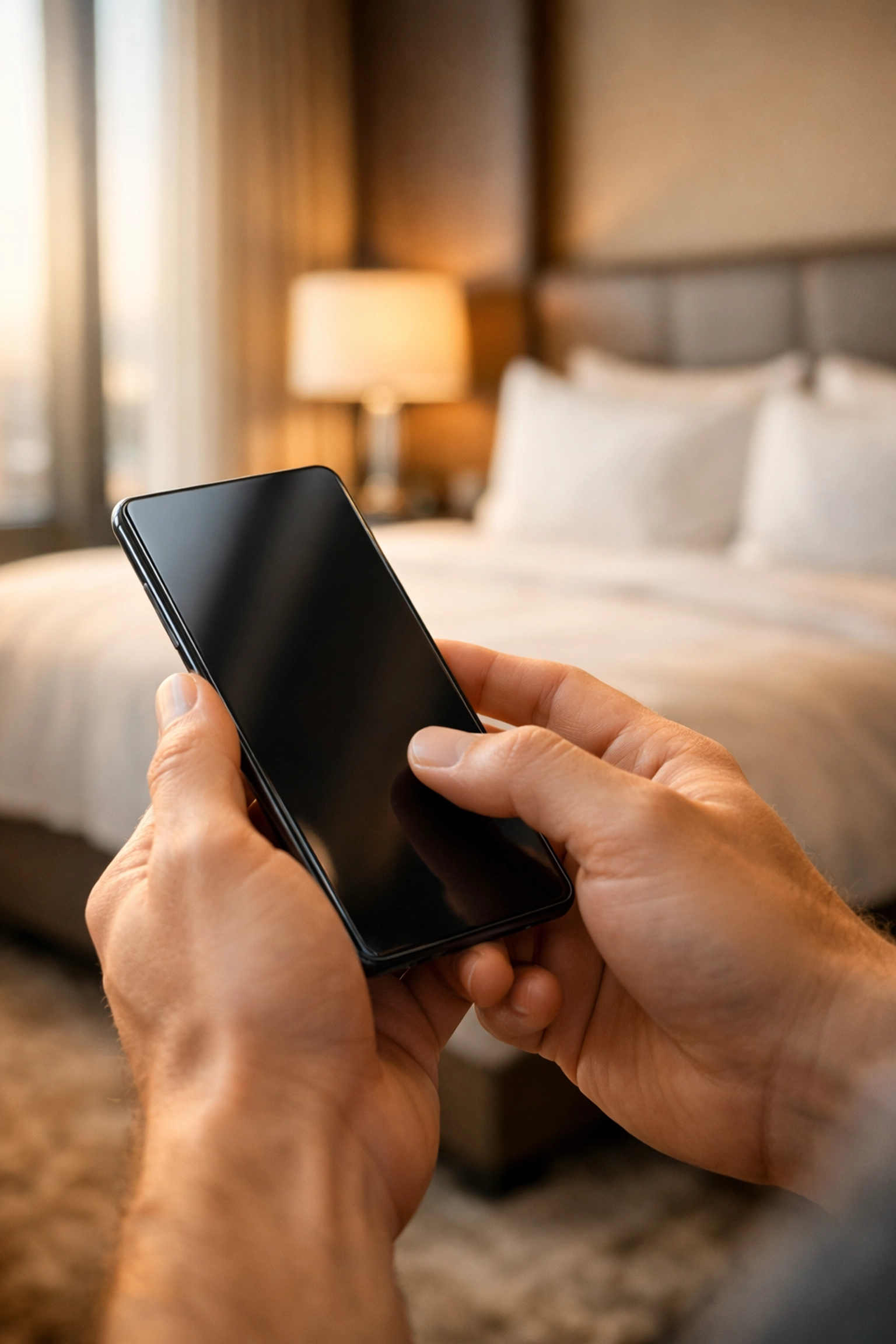 Guest using a mobile hotel booking engine on a smartphone in a high-end luxury suite.
