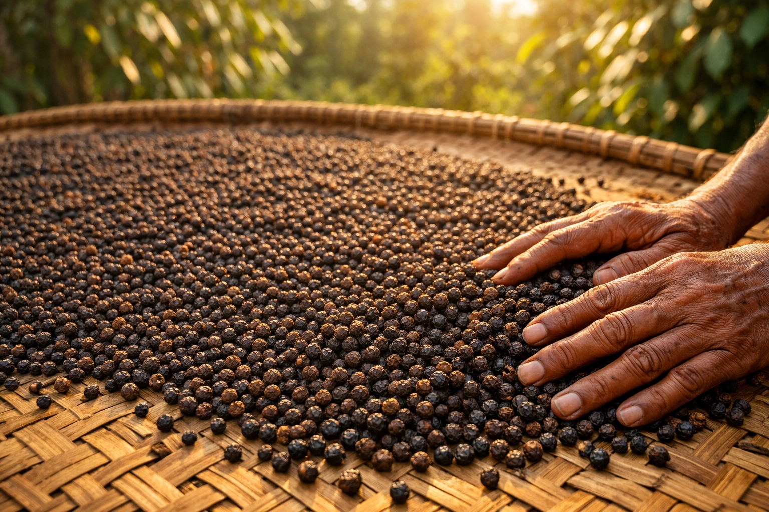 Sun-drying Kerala black pepper on traditional bamboo mats for authentic farm-to-table quality.