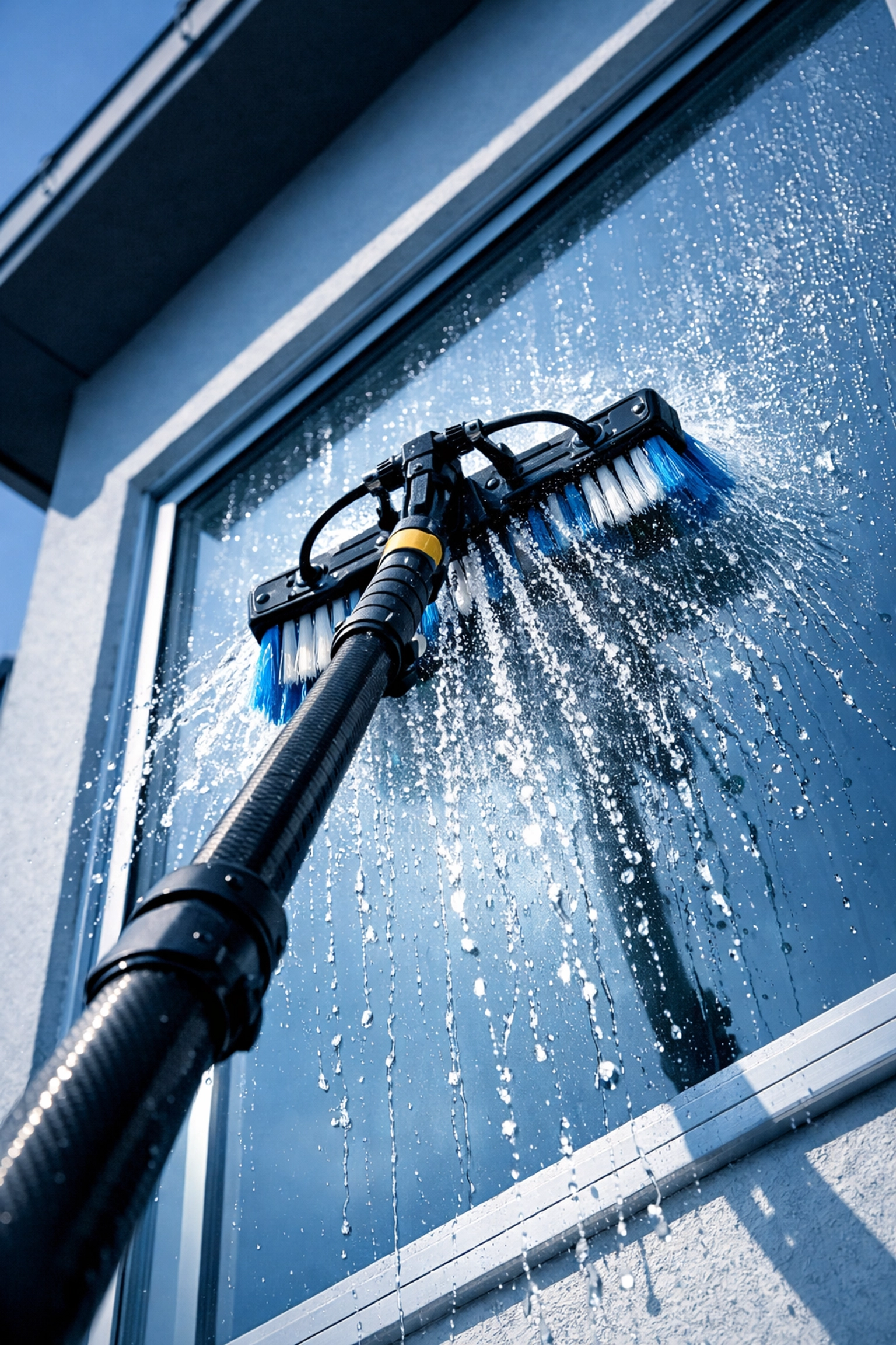 Water-fed pole spraying pure water onto residential window for streak-free cleaning
