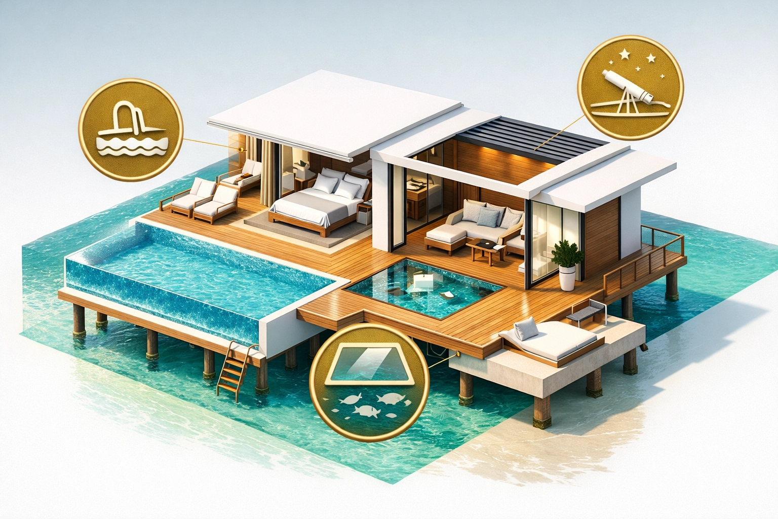 Infographic of a modern Maldives overwater villa with a private infinity pool and retractable roof.