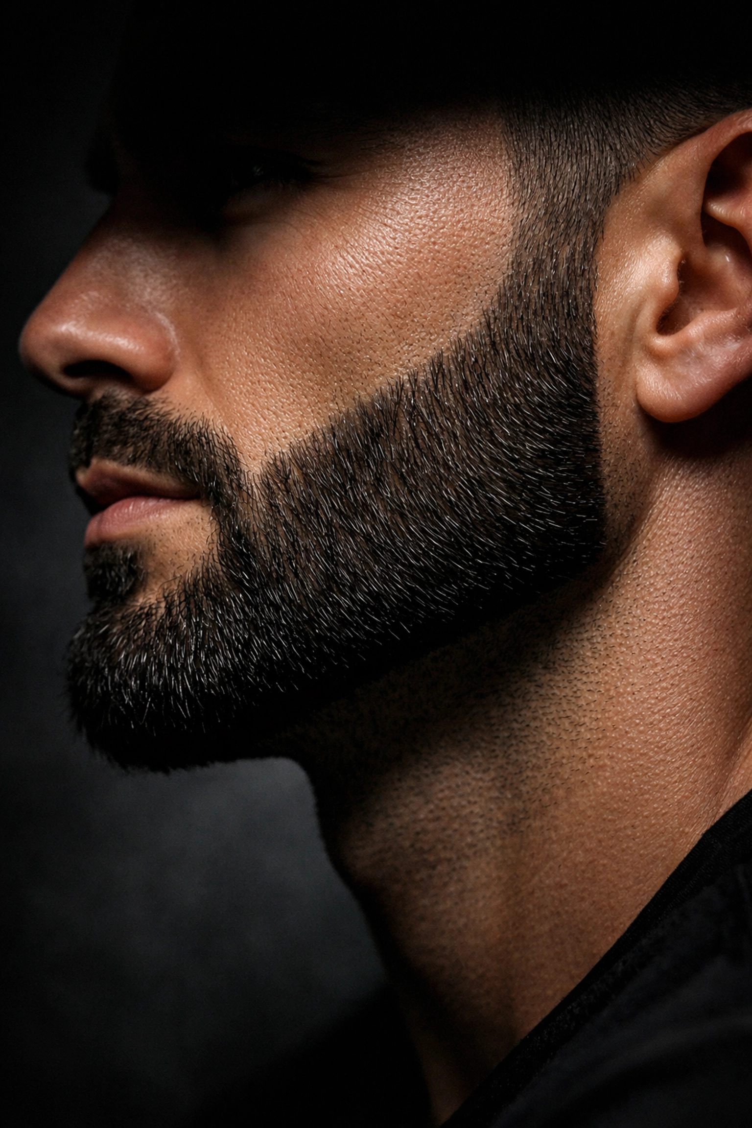 Man with a perfectly sculpted, firm-hold beard showing sharp edges and natural hair texture.
