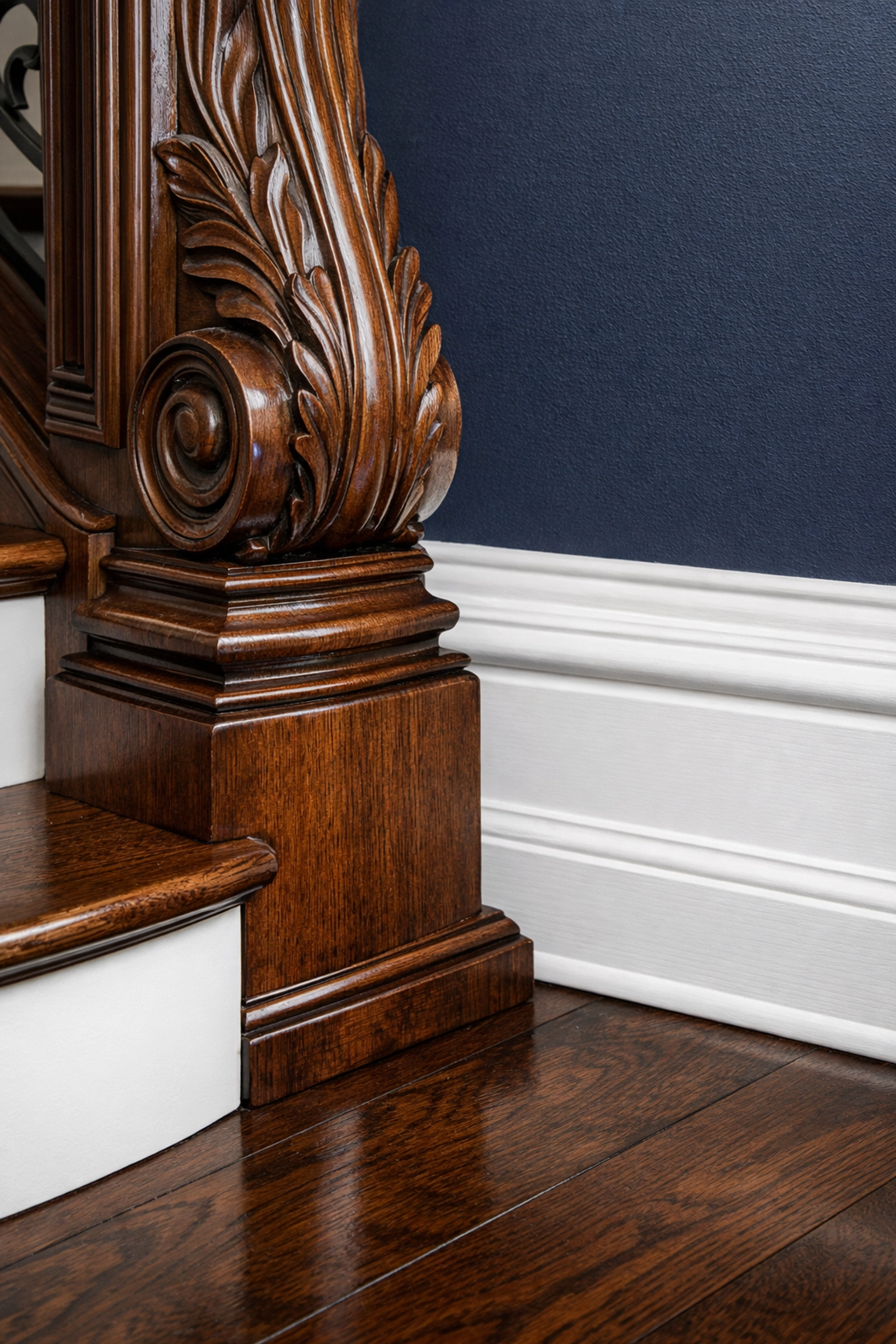 Detailed view of dust-free hardwood floors and baseboards after luxury residential cleaning in Scituate.