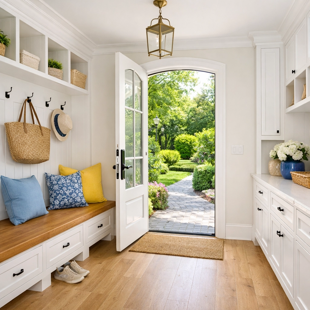 Spotless luxury estate mudroom in Wellesley MA showing perfectly cleaned hardwood floors and entry points.