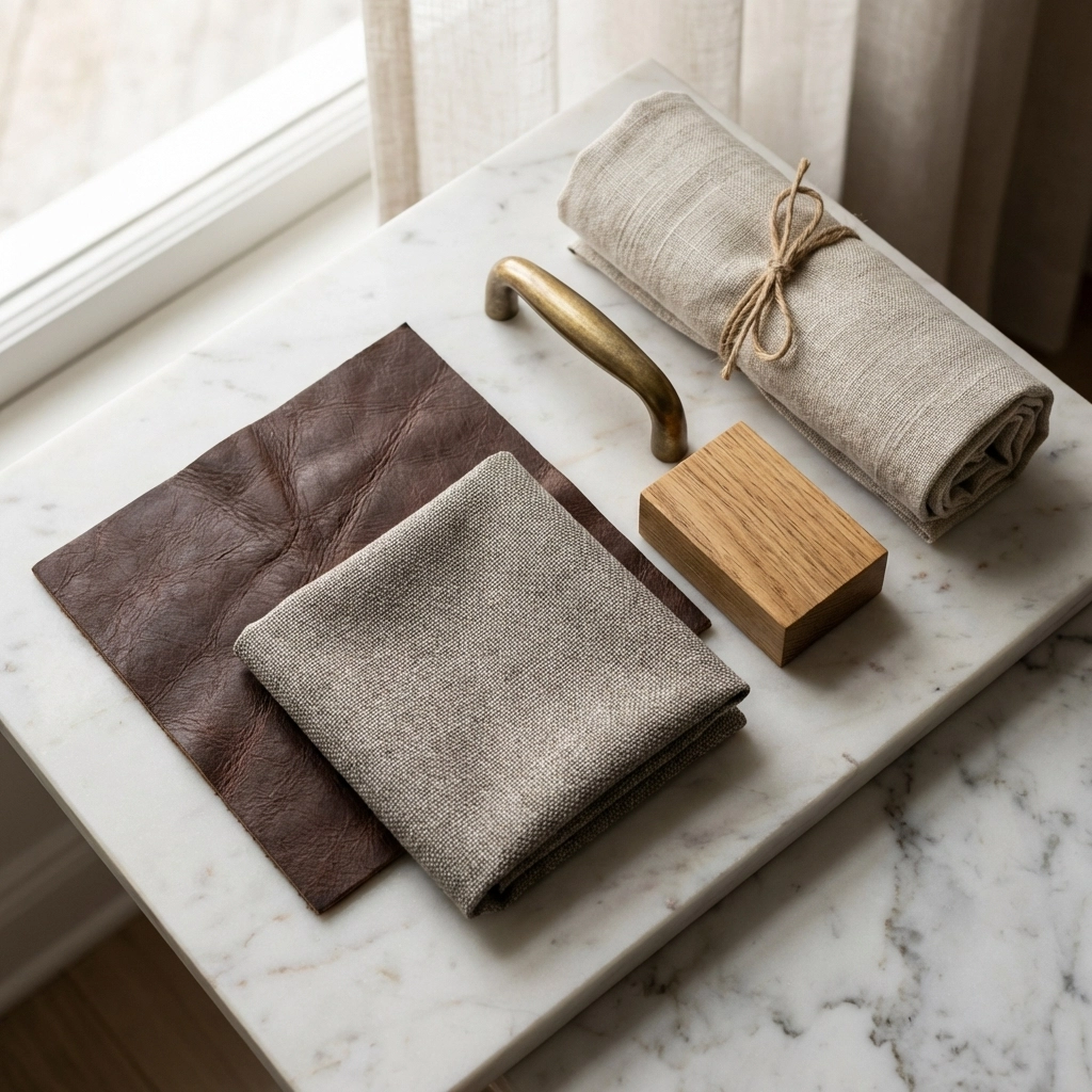 materials for custom hotel furniture—leather, performance fabric, oak, brass, linen—ideal for boutique guest room and luxury lobby seating