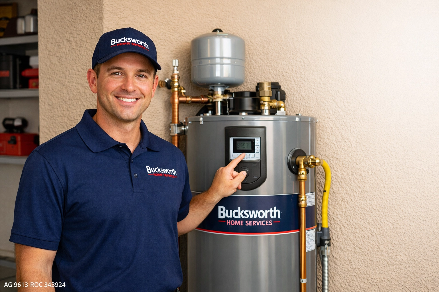 Bucksworth technician performing expert water heater service for a homeowner in Florence, AZ.