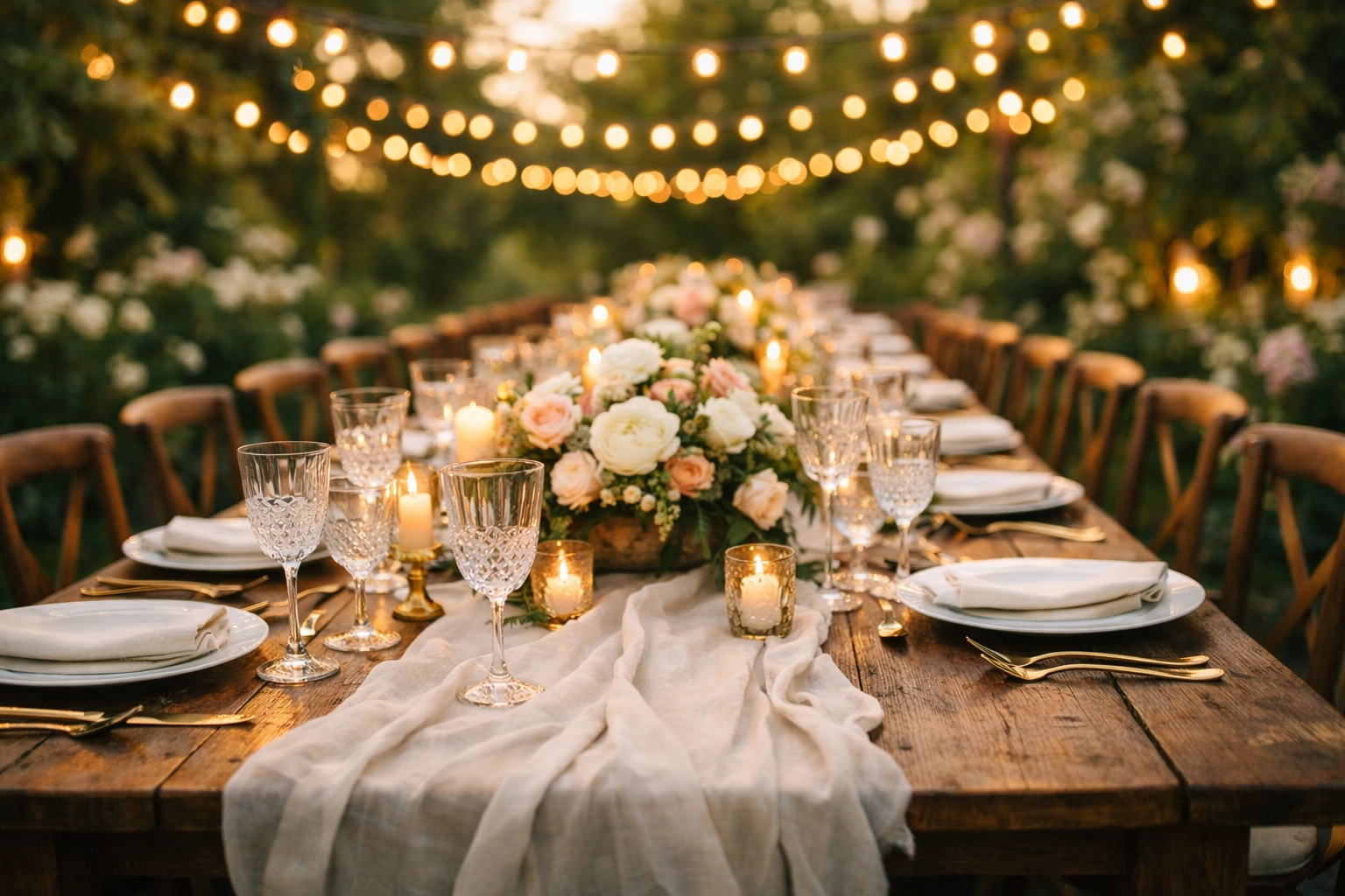 A perfectly set garden wedding banquet table, representing a well-managed guest list and budget.