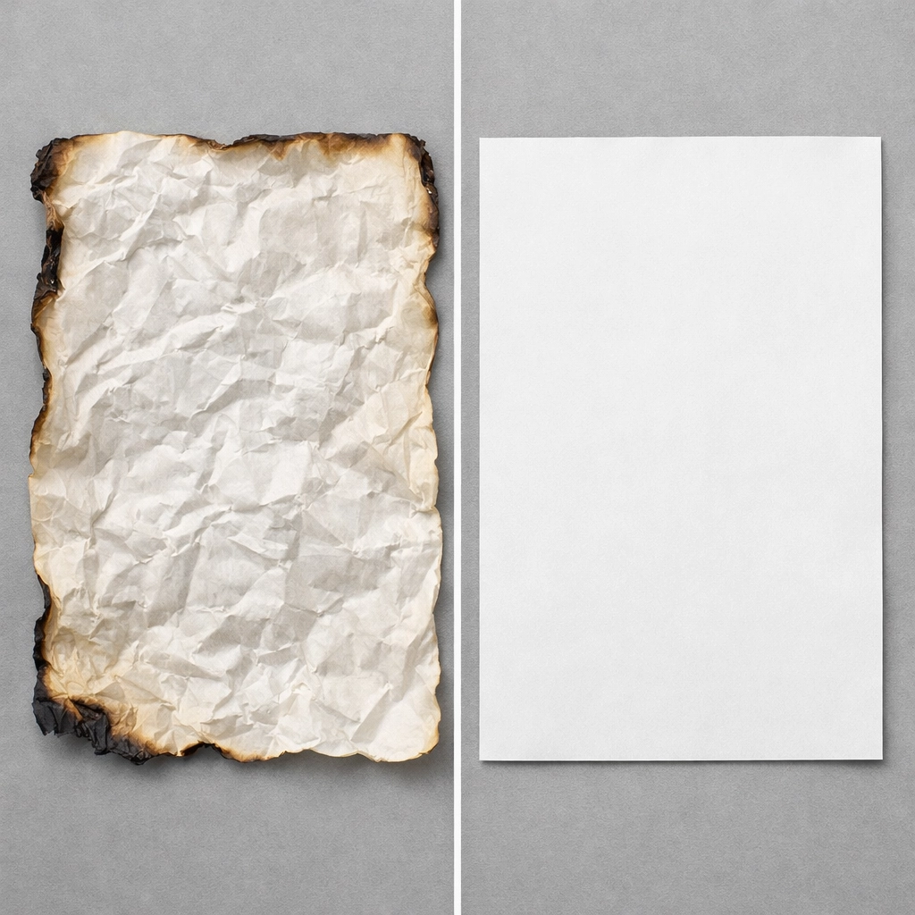 Side by side comparison of wrinkled water damage versus professional document drying and stabilization.