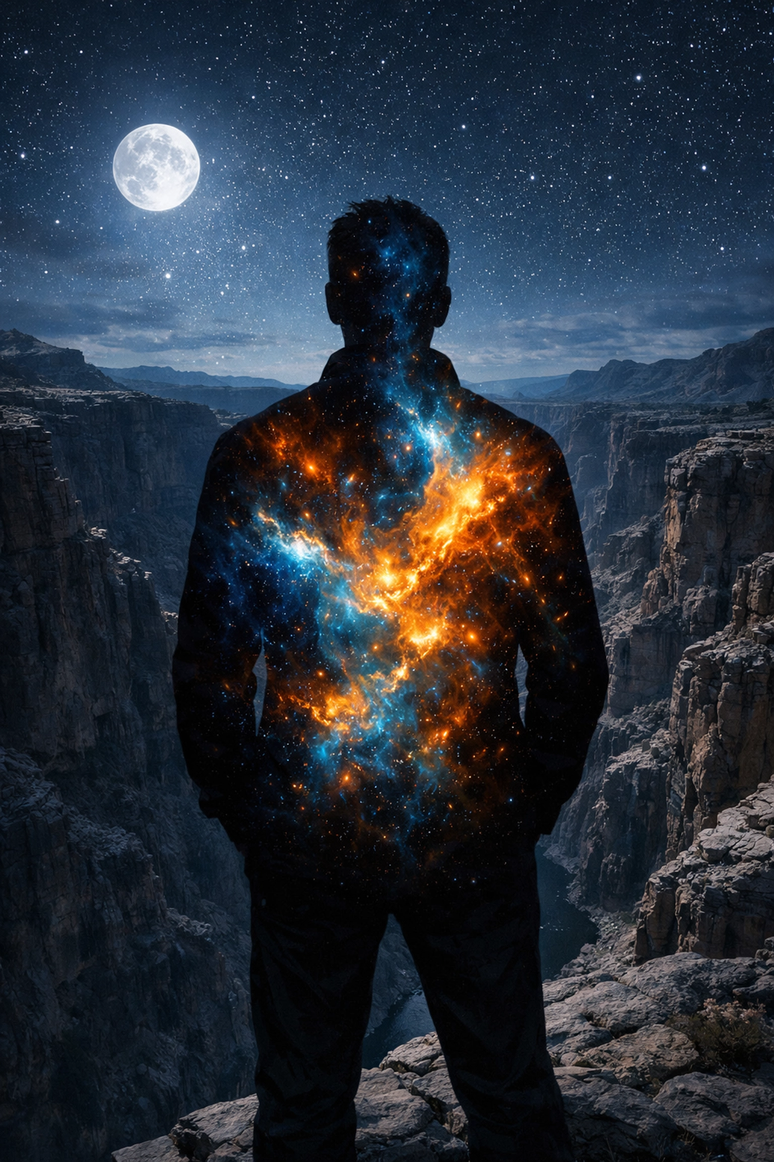 Man's silhouette filled with stars on a canyon edge, symbolizing character depth in psychological thrillers.