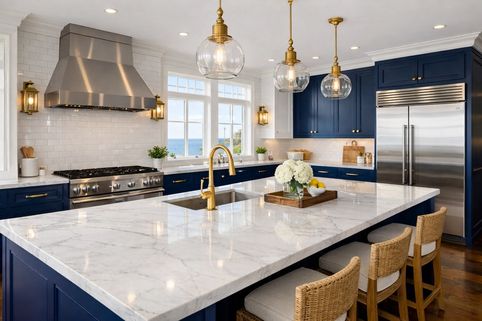 Spotless luxury Marblehead kitchen with marble counters, cleaned by the best deep cleaning service in Marblehead.
