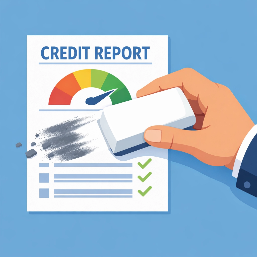 Borrador limpiando manchas para disputar reporte de crédito y eliminar información negativa.