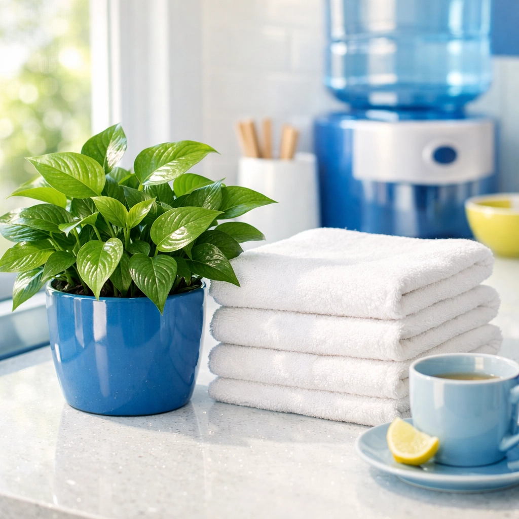 Eco-friendly commercial cleaning in a bright Lunenburg office breakroom with sanitized surfaces.