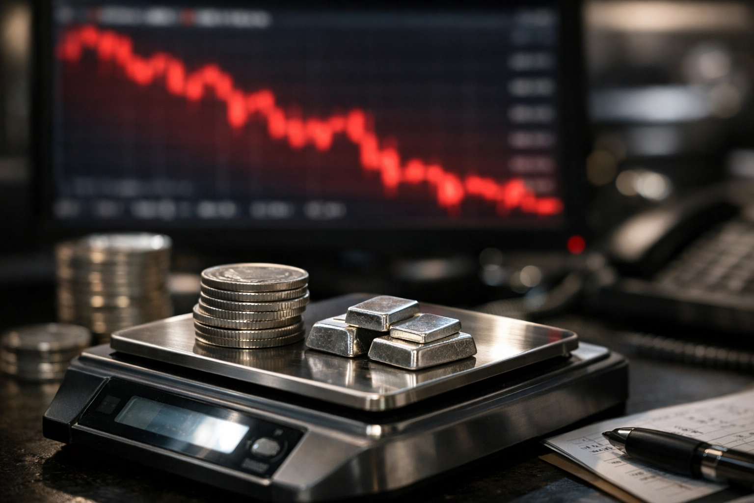 Silver coins and bars being weighed on a precision scale with red market chart in the background