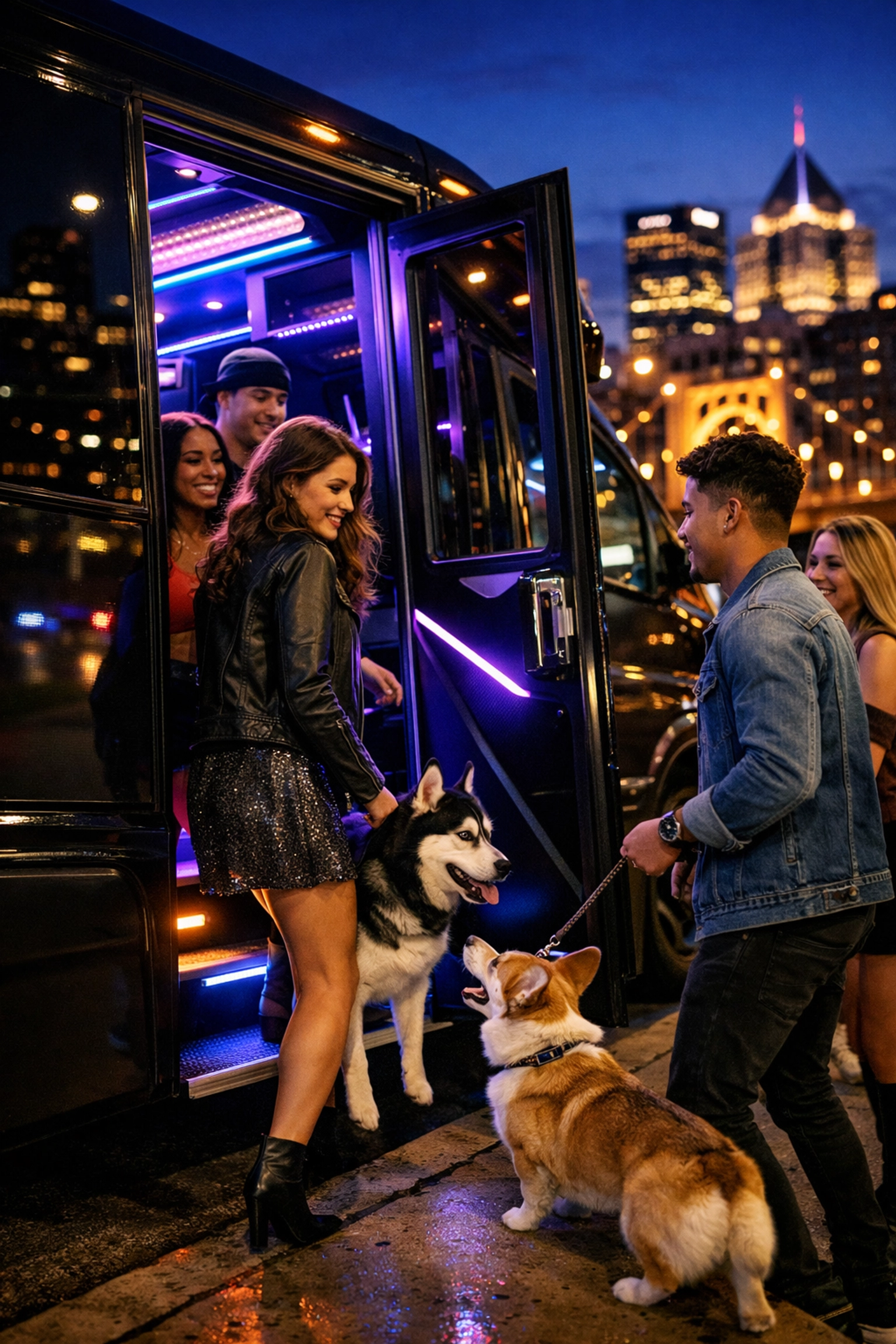 Group boarding dog-friendly party bus with pets in Pittsburgh