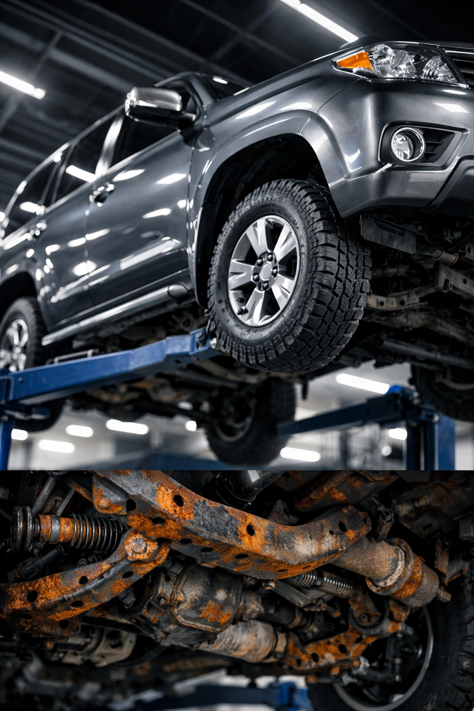 Automotive undercoating inspection showing early chassis rust on a 4x4 raised on a professional lift.