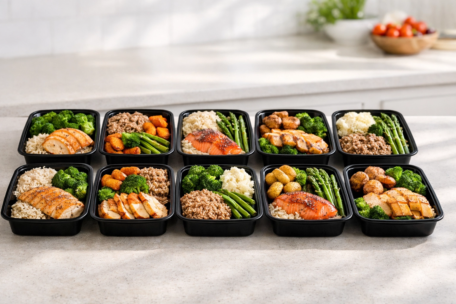 Structured weekly meal prep containers on a kitchen counter for fitness success in Phoenix.