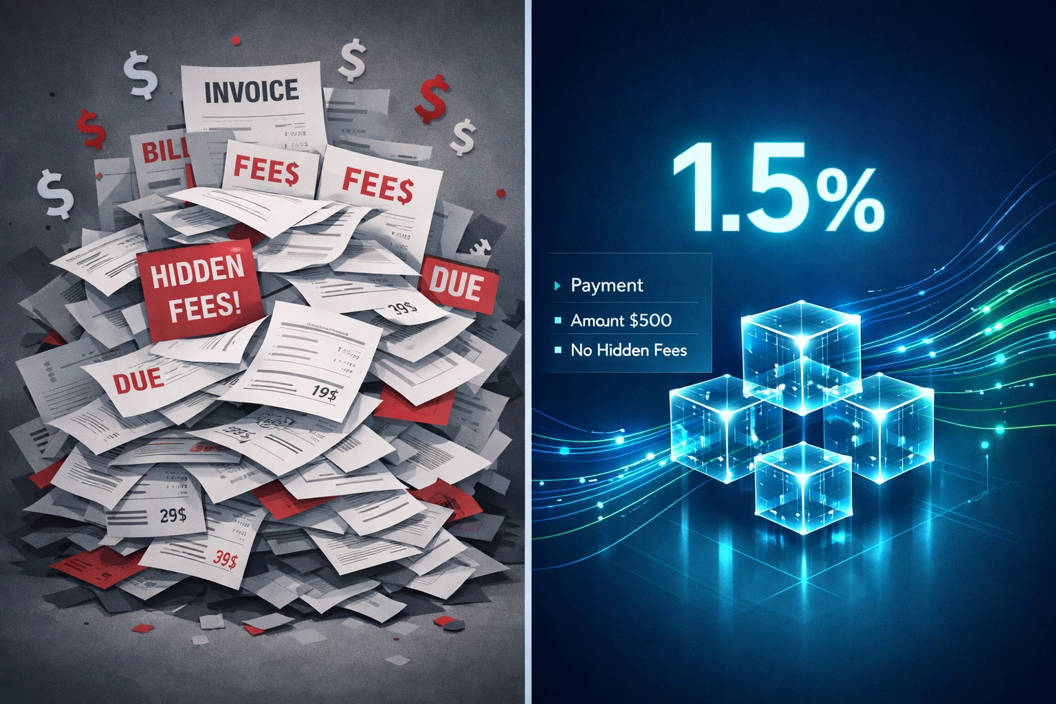 Fee comparison showing Larecoin's transparent 1.5% flat rate versus traditional payment processor fees