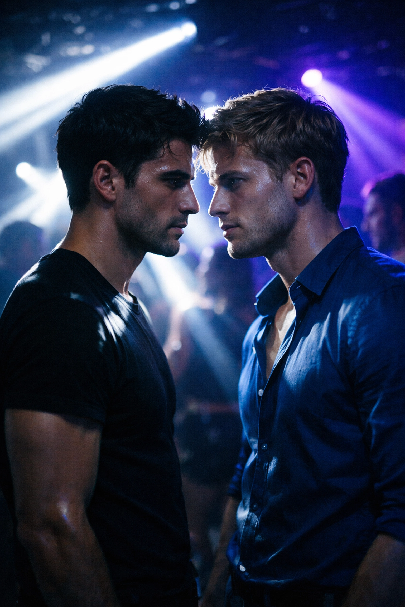 Two men share intense eye contact under strobe lights in gay nightclub, slow burn MM romance moment