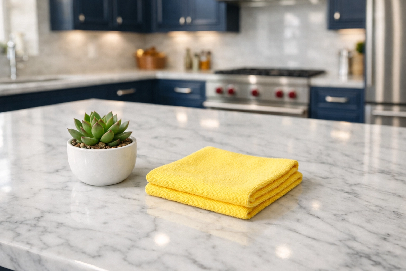 Reliable House Cleaning Concord using eco-friendly products on a pristine white marble kitchen island.