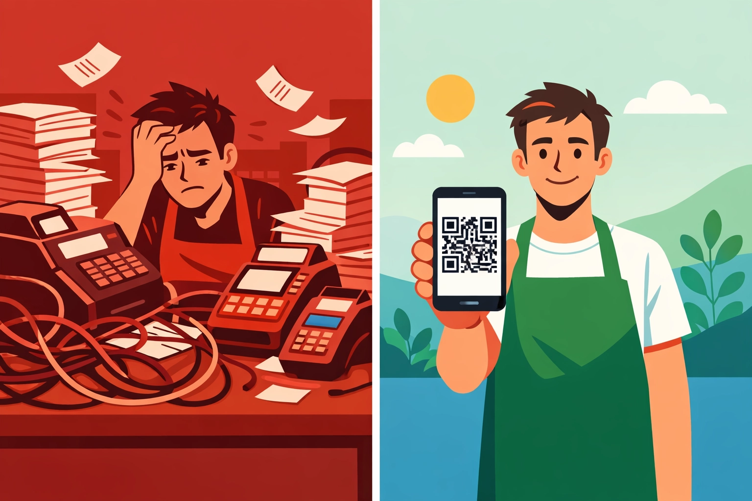 Complex crypto payment setup with paperwork vs simple self-custody QR code acceptance