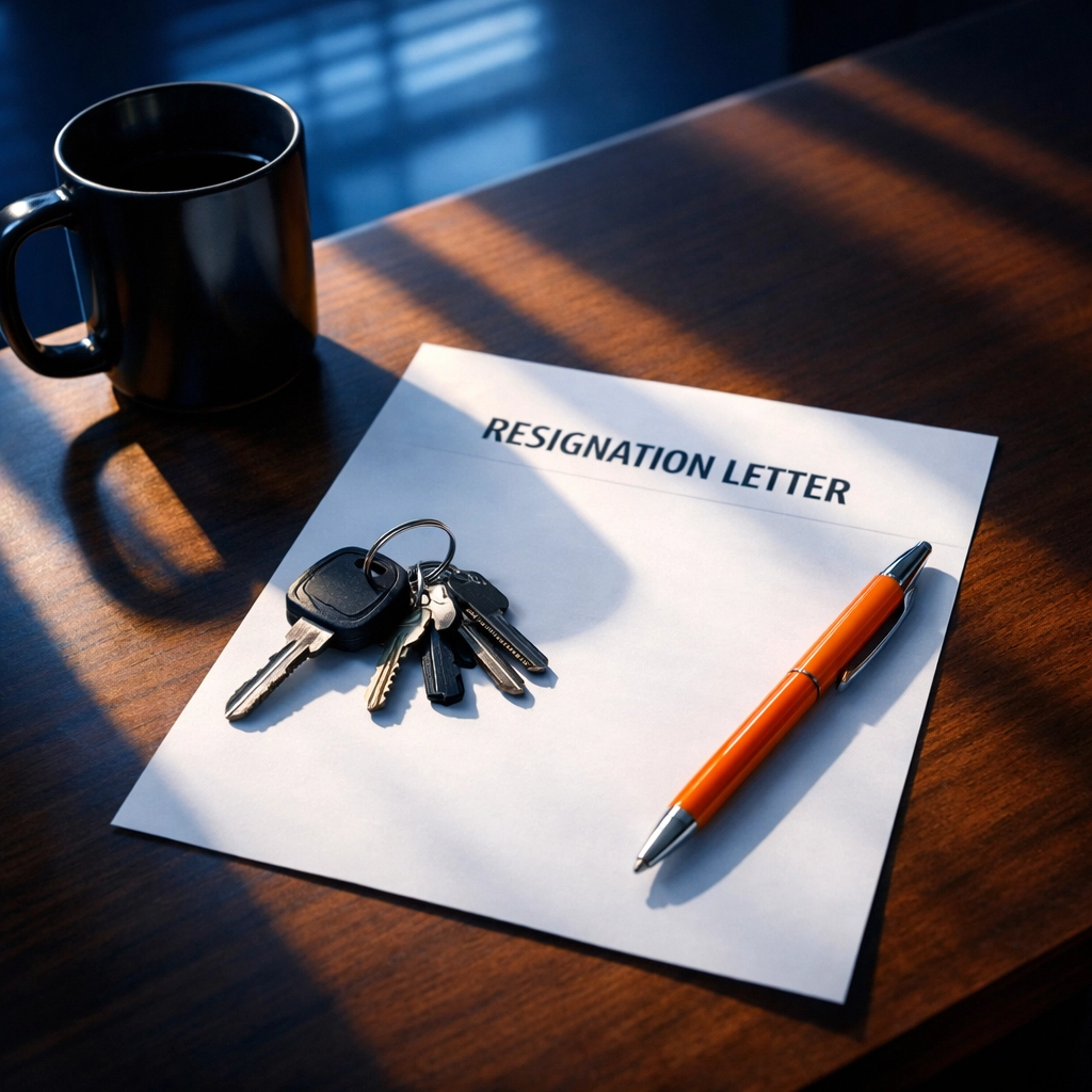 Empty office desk with resignation letter showing employee departure risk in business sales