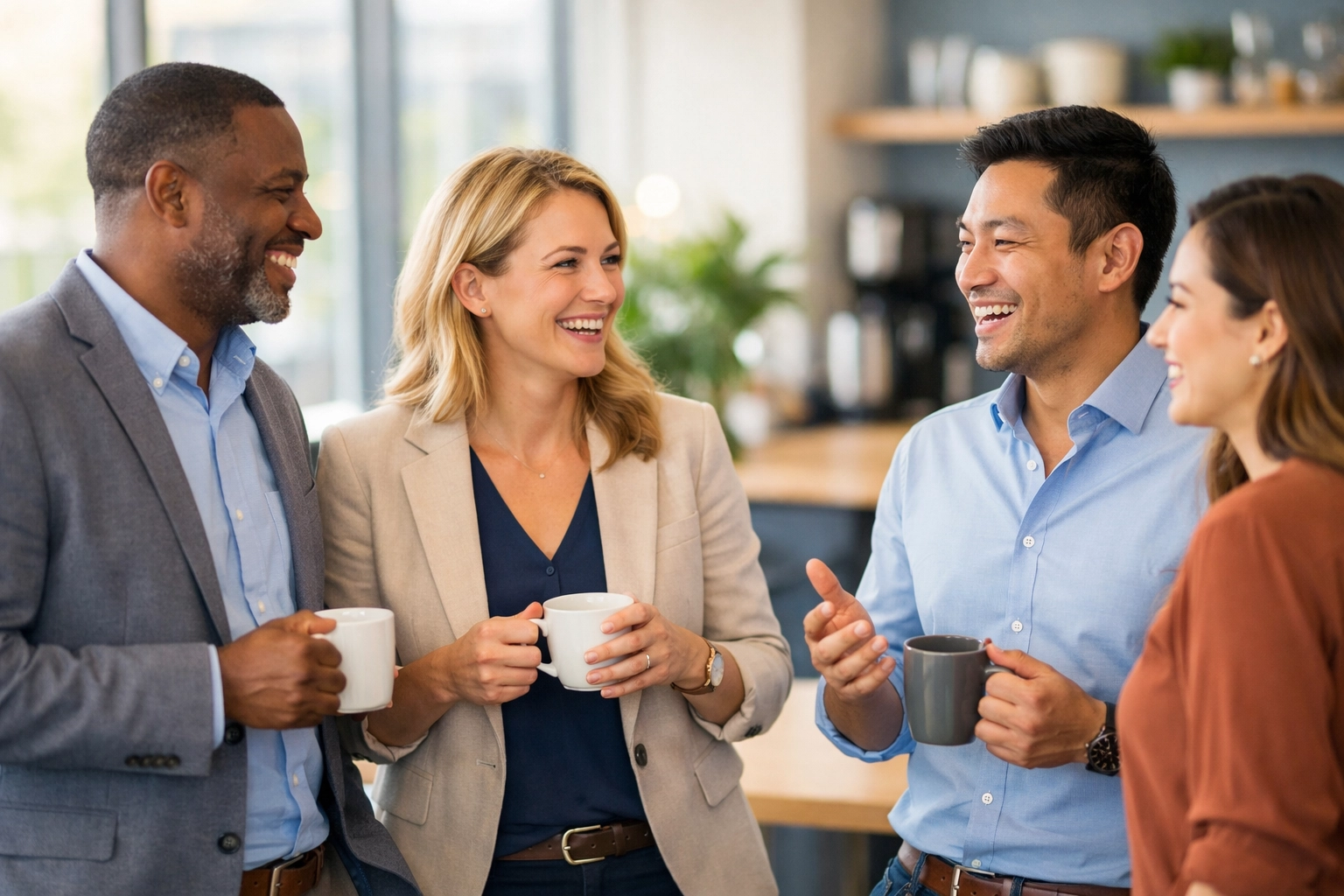 Corporate professionals building workplace connections through conversation in office break room