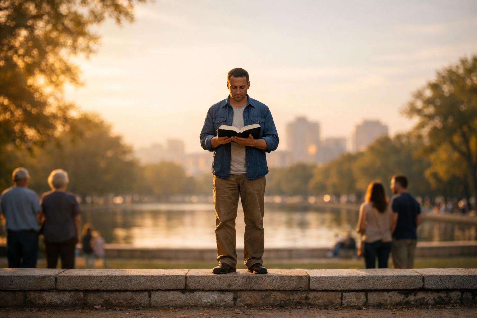 A person reading the Bible aloud in a public park during a community scripture event.
