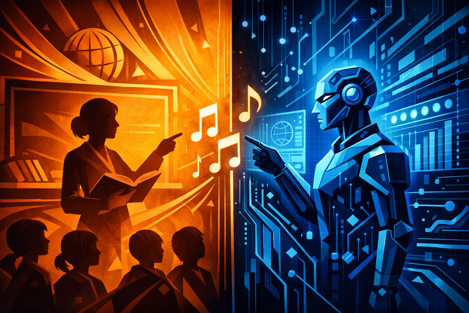 Visual representation of human music teacher versus AI coaching technology